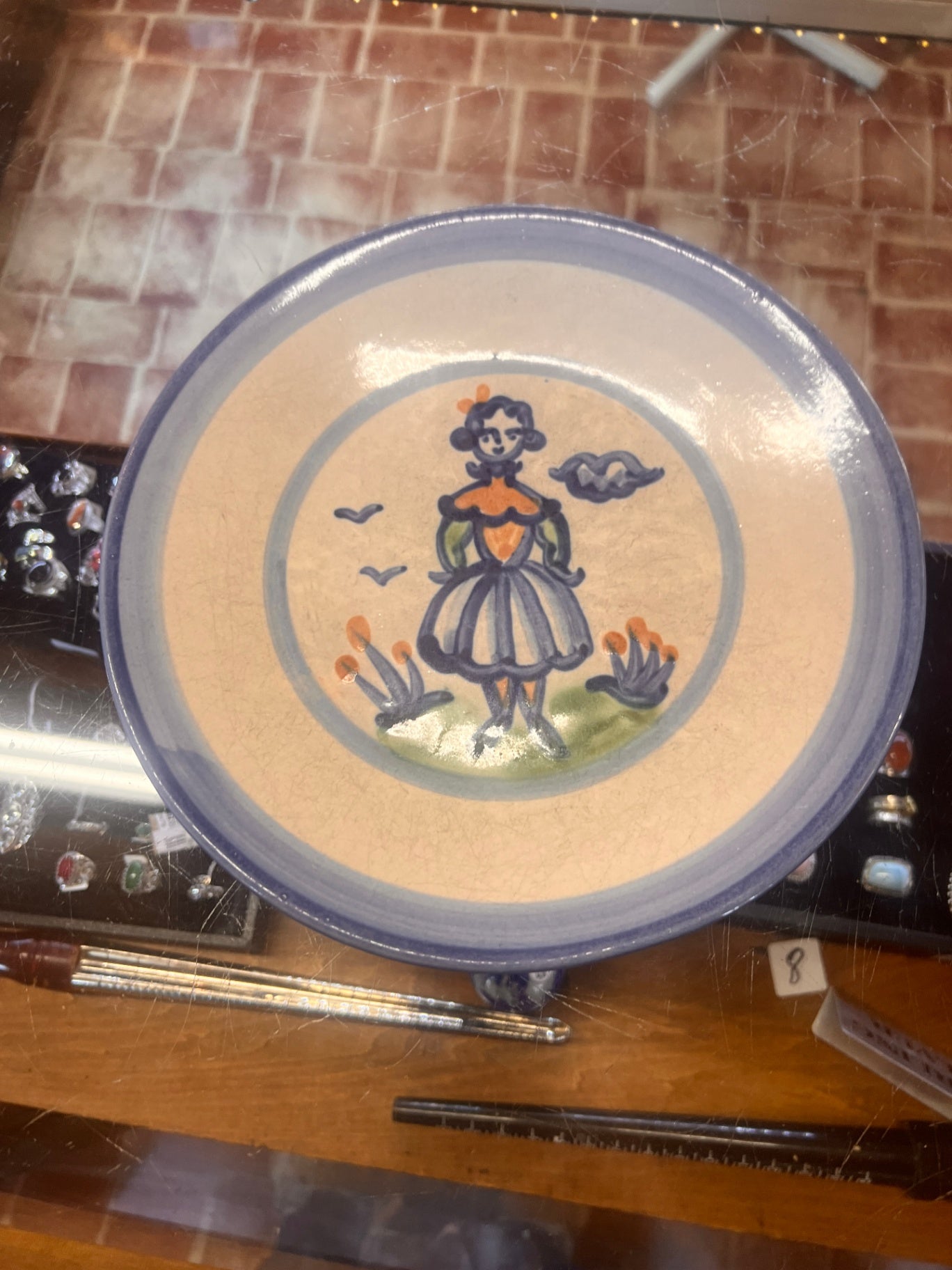 Vtg M.A. Hadley Pottery Hand Painted Folk Art Women Plate 7 7/8" Signed