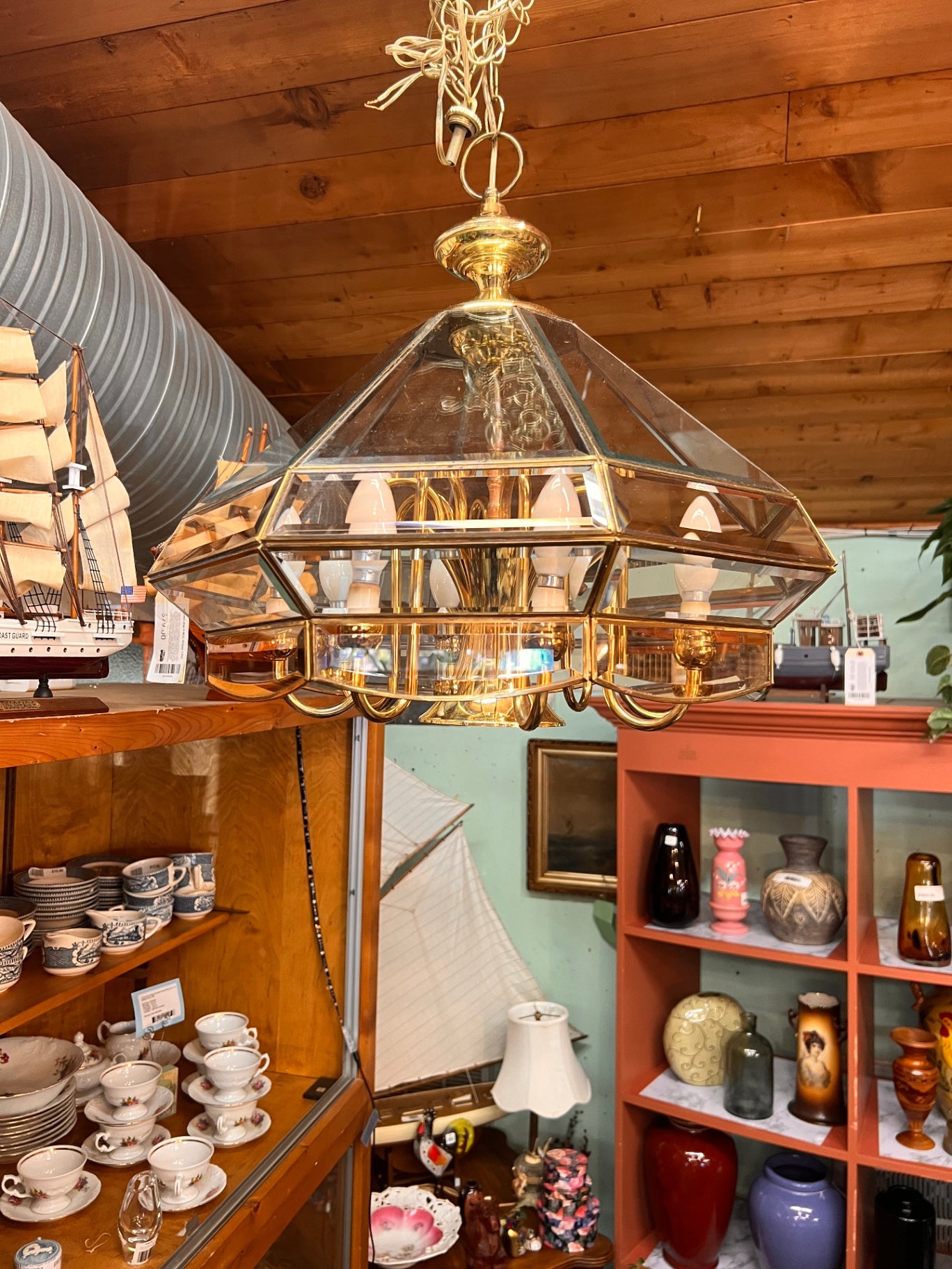 1980 Fredrick Ramond Style Ceiling Light Fixture Brass 9 Lite Chandelier Pendant Glass