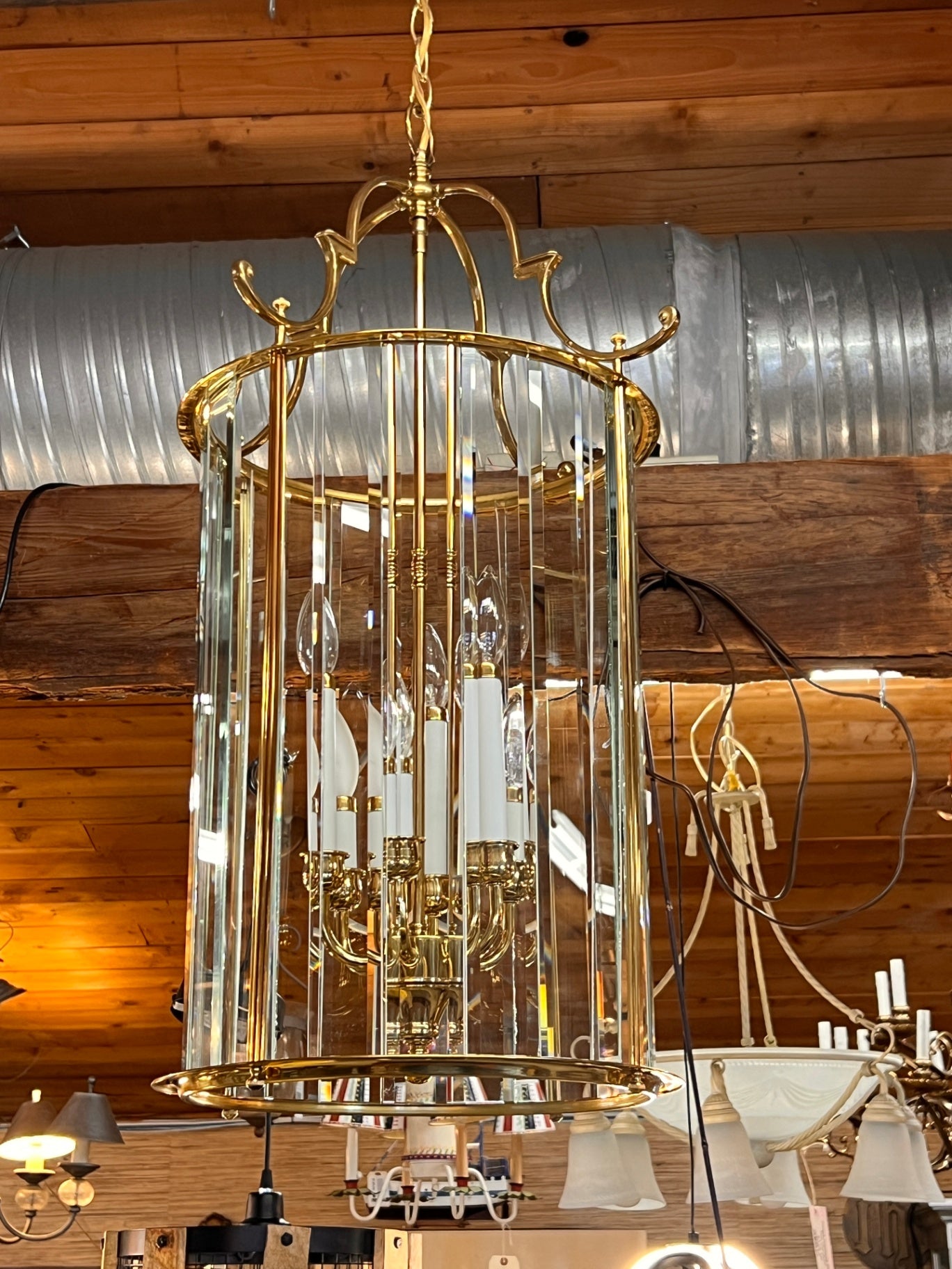 Hunter Beveled Glass 6 Light Brass Chandelier