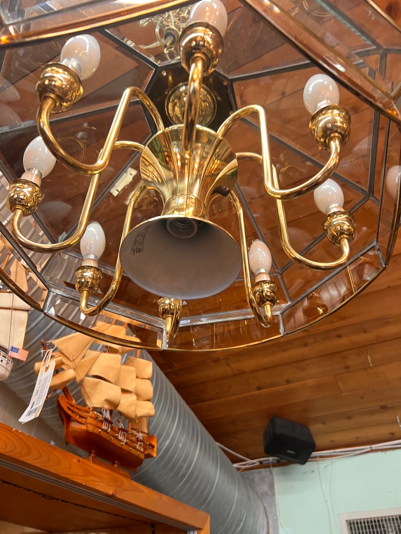 1980 Fredrick Ramond Style Ceiling Light Fixture Brass 9 Lite Chandelier Pendant Glass