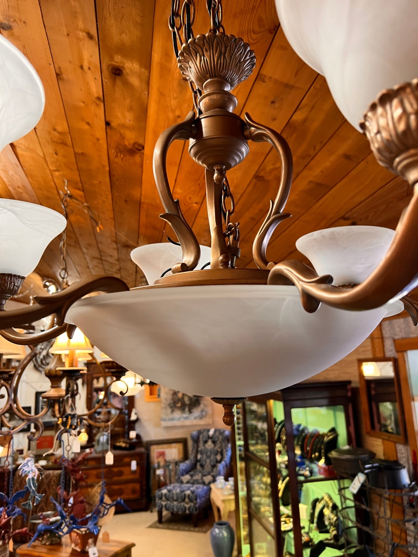 SEVEN LIGHT BRONZE CHANDELIER WITH ALABASTER LOOK 