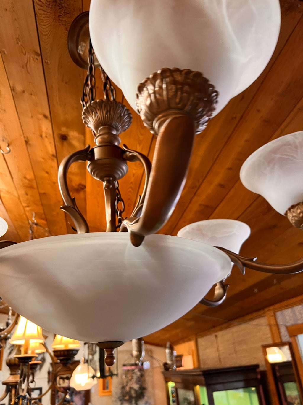 SEVEN LIGHT BRONZE CHANDELIER WITH ALABASTER LOOK 