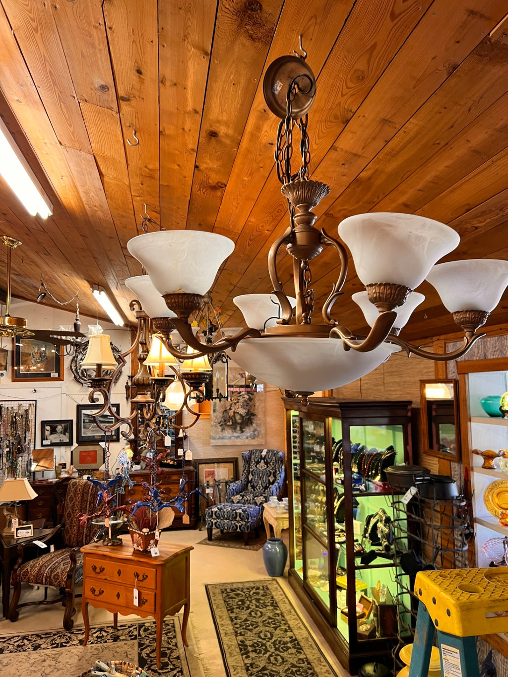 SEVEN LIGHT BRONZE CHANDELIER WITH ALABASTER LOOK 