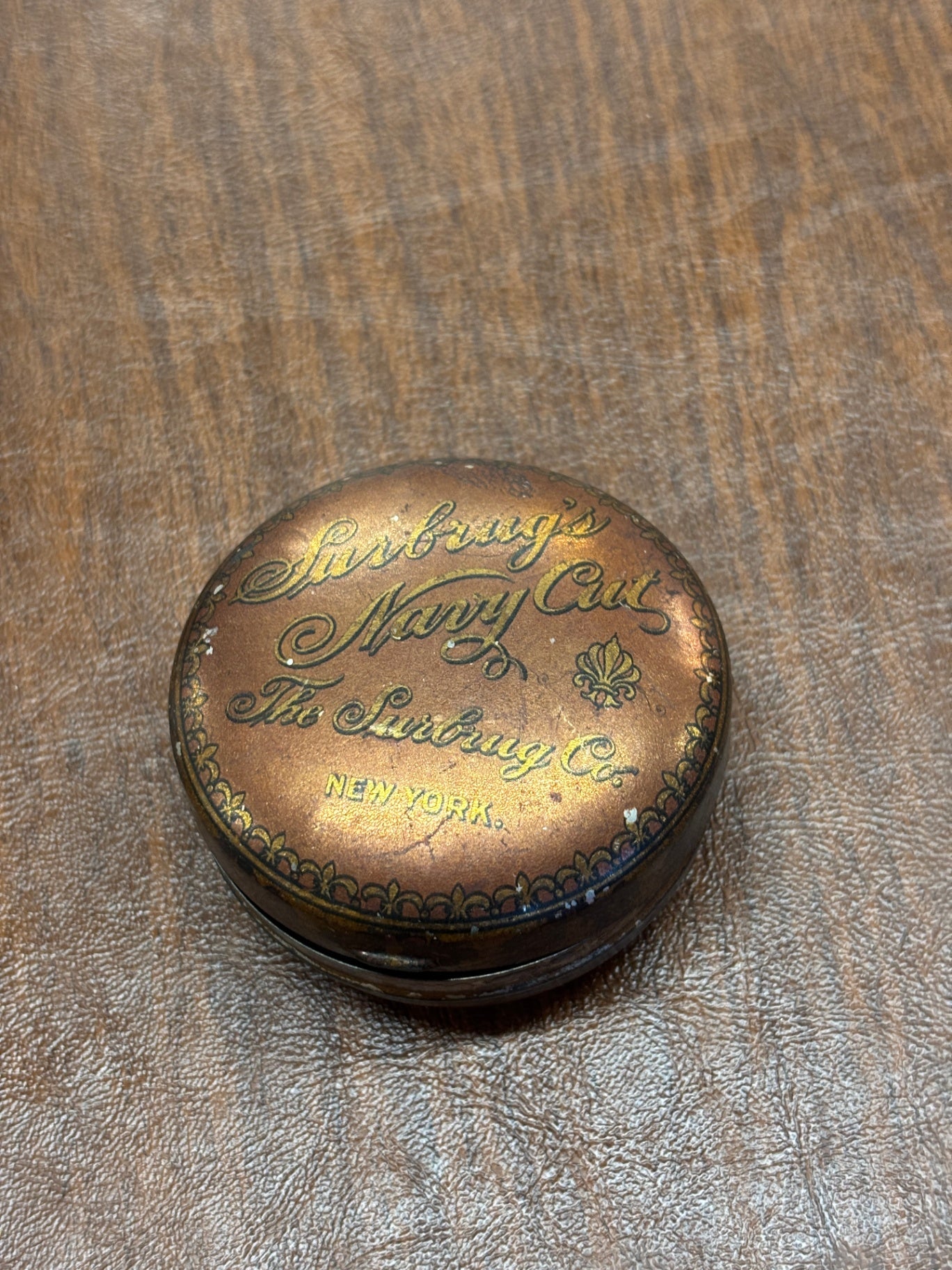Surbrug’s Navy Cut Vintage Hinged Empty Tin, Surbrug Co., New York tobacco can antique vintage