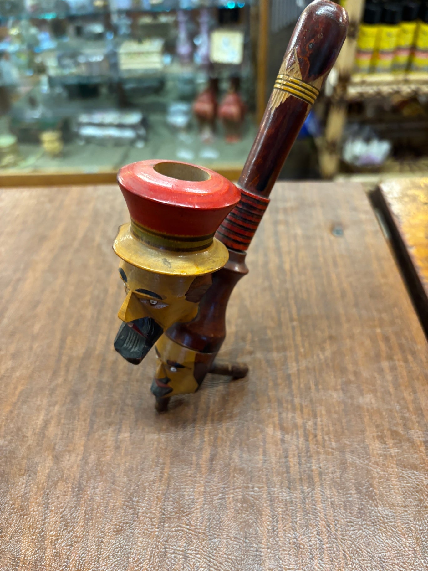 Vintage Hand-Carved Wooden Smoking Pipe – Folk Art Faces with Top Hat,
