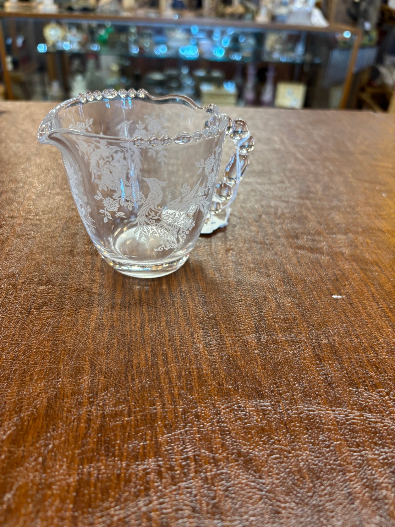 Etched Floral Glass Scroll Creamer