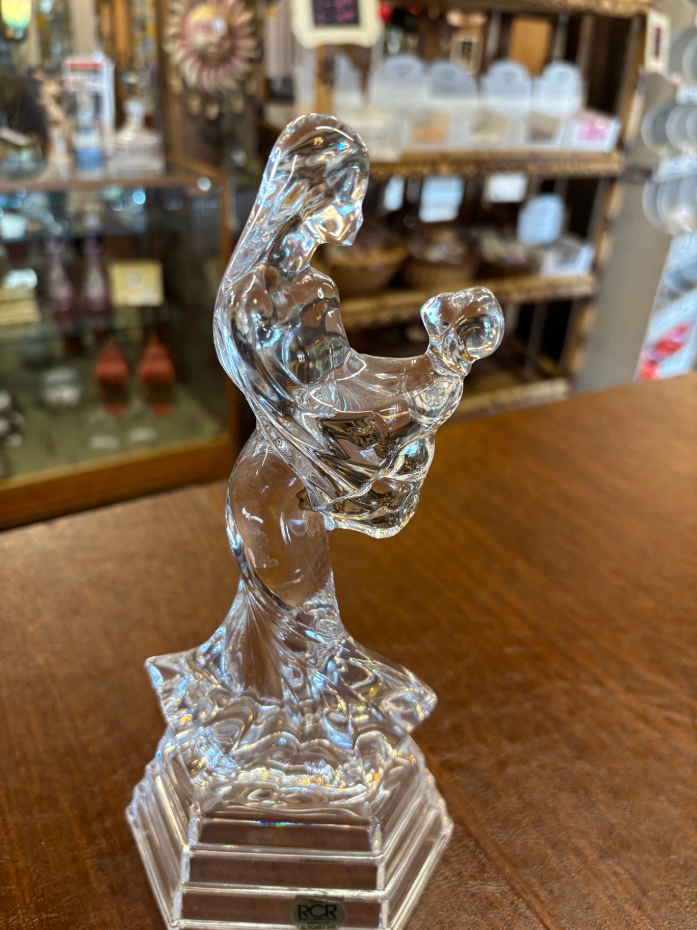 Art Deco Style Italian Crystal Figurine Mother Holding Girl Child 10 Inches Tall