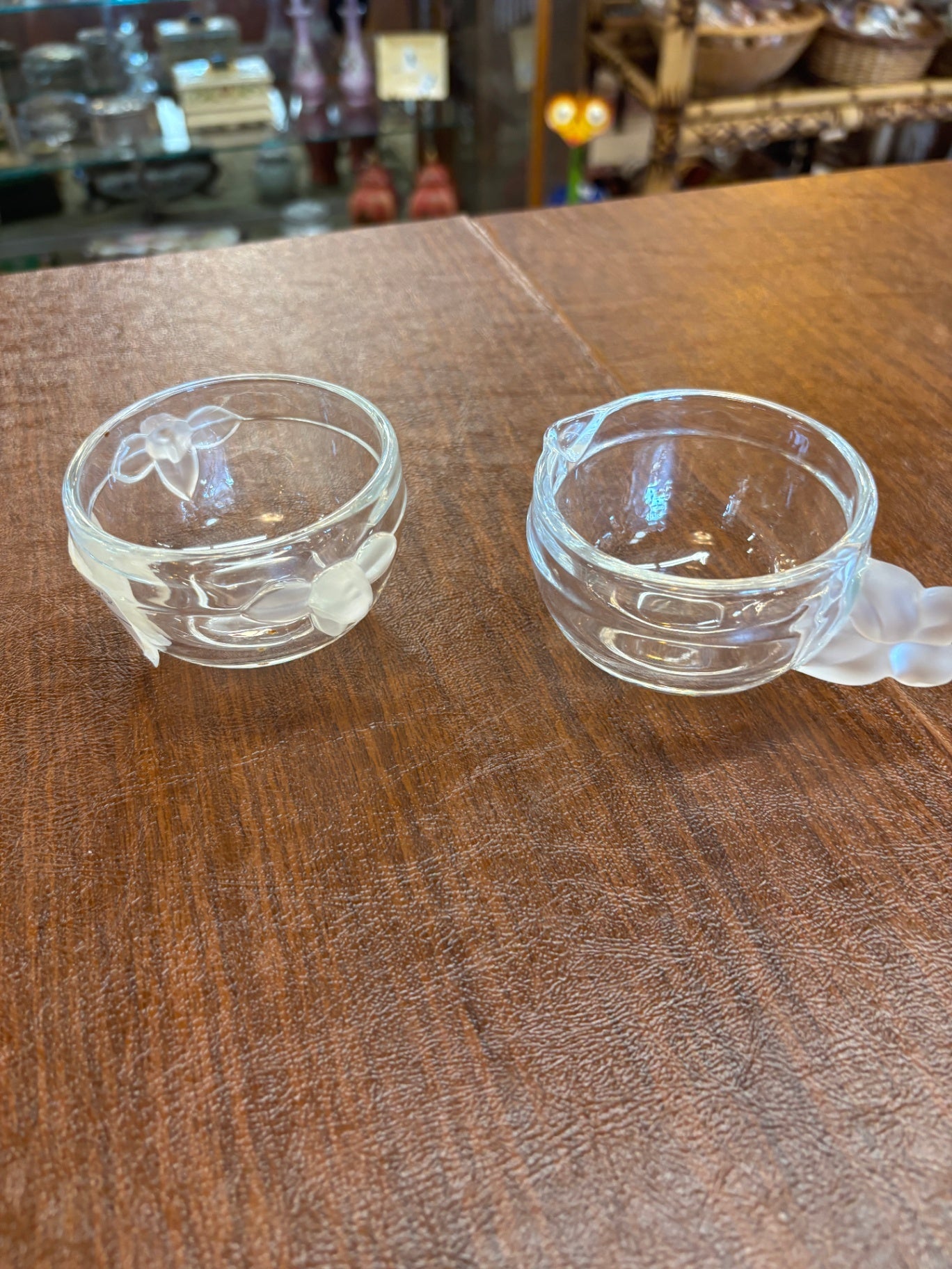 Mikasa Crystal Satin Rose Cream & Sugar Set Clear Satin 3" D ca 1983