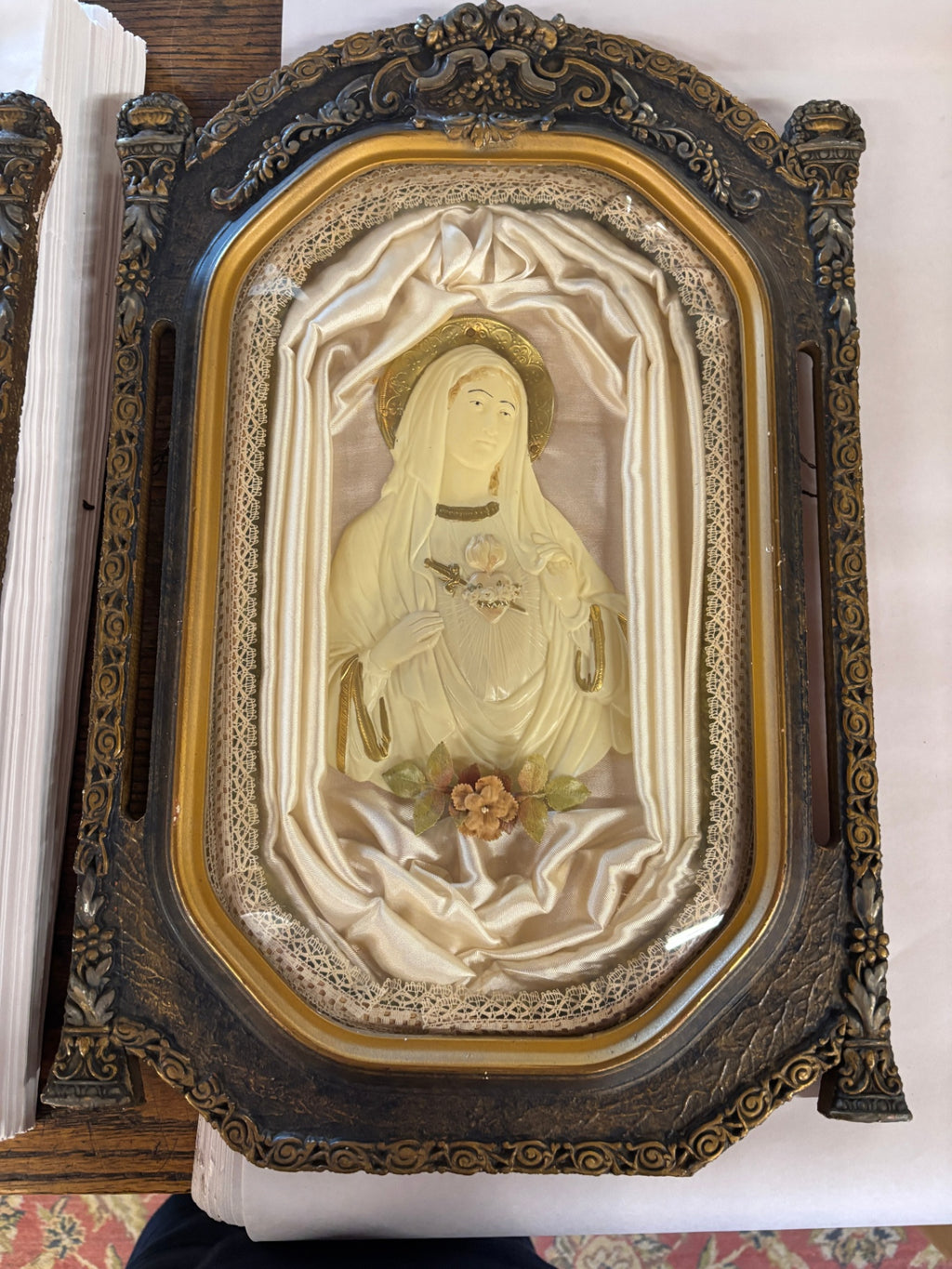 Sacred Heart & Immaculate Heart Set with raised floral shell, pillar colimns and hammered textured frame