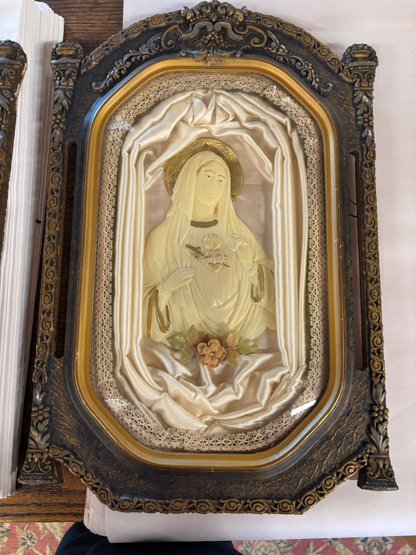 Sacred Heart & Immaculate Heart Set with raised floral shell, pillar colimns and hammered textured frame