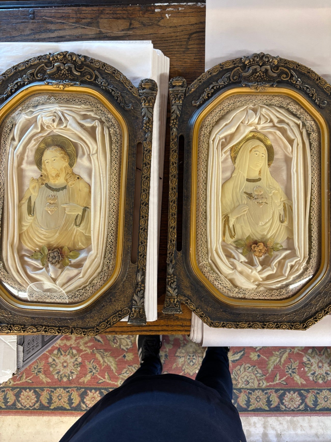 Sacred Heart & Immaculate Heart Set with raised floral shell, pillar colimns and hammered textured frame