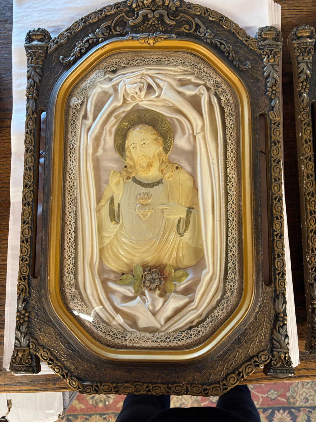 Sacred Heart & Immaculate Heart Set with raised floral shell, pillar colimns and hammered textured frame