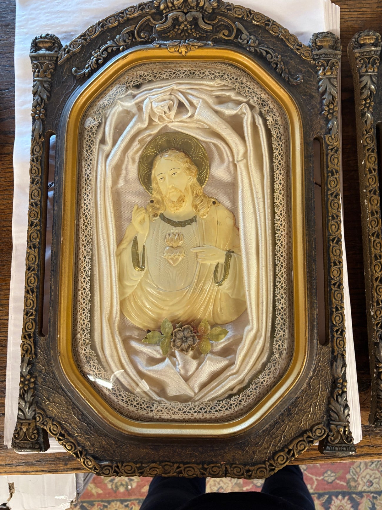 Sacred Heart & Immaculate Heart Set with raised floral shell, pillar colimns and hammered textured frame