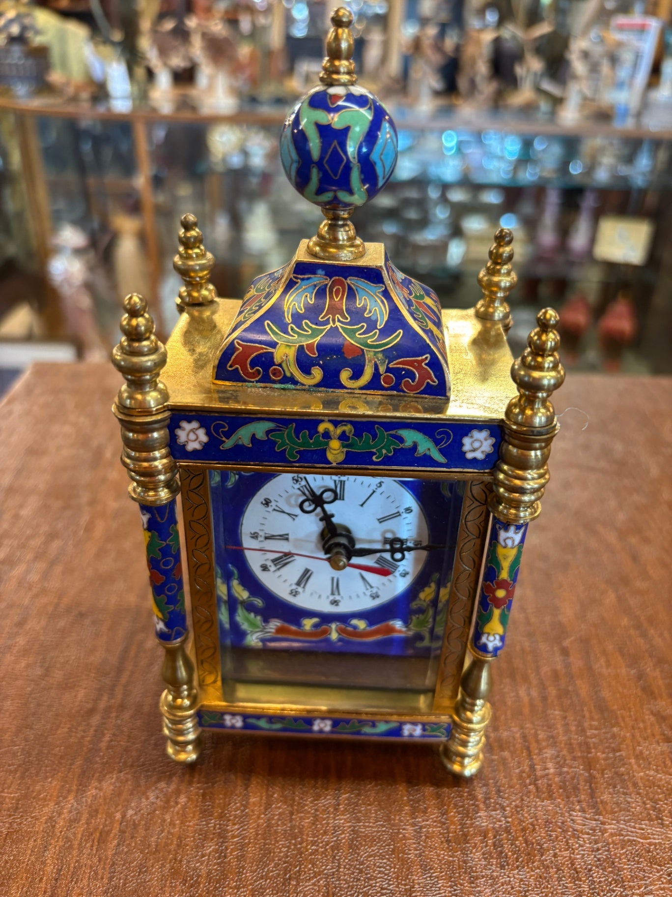 Vintage Cloisonne Enamel Carriage Mantle Clock Blue, Garden Sunshine- Working