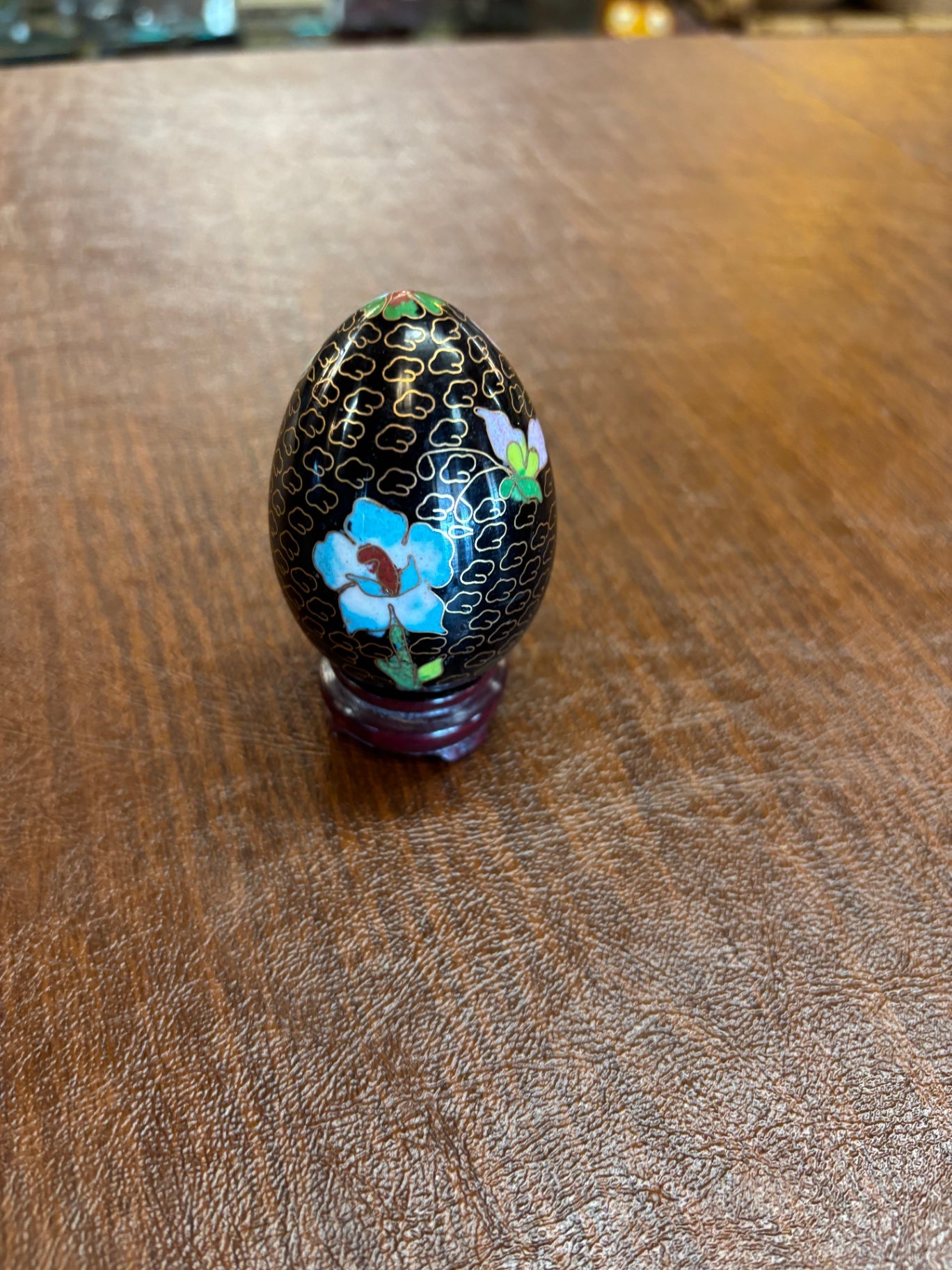 Vintage Black Cloisonné Ornamental Egg | Wooden Stand | Embellished Floral Cloud Patten | Oriental Art Deco