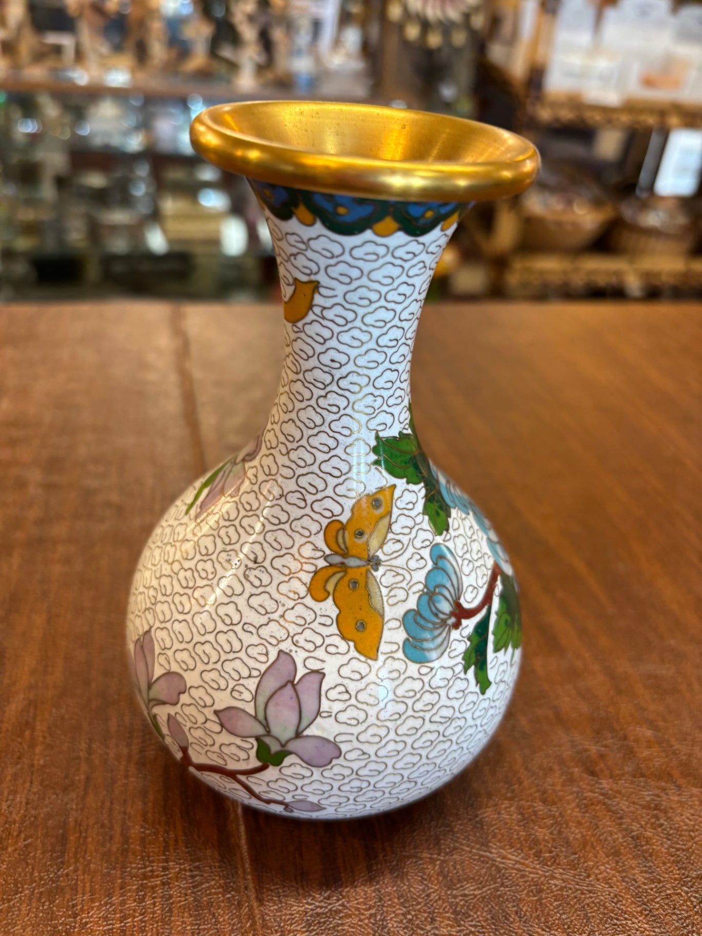 Antique Chinese oriental asian cloisonné miniature vase,enamelled on brass, white colour and pink flowers decorations