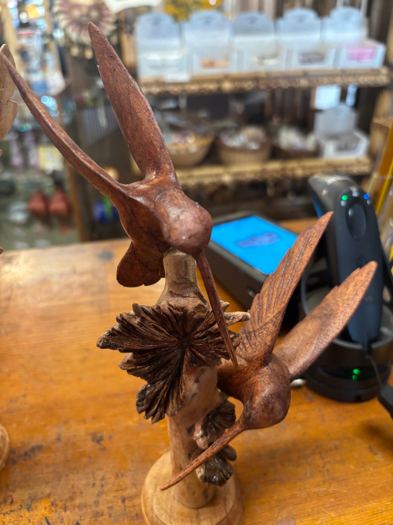 Double Hummingbird Wood Carving