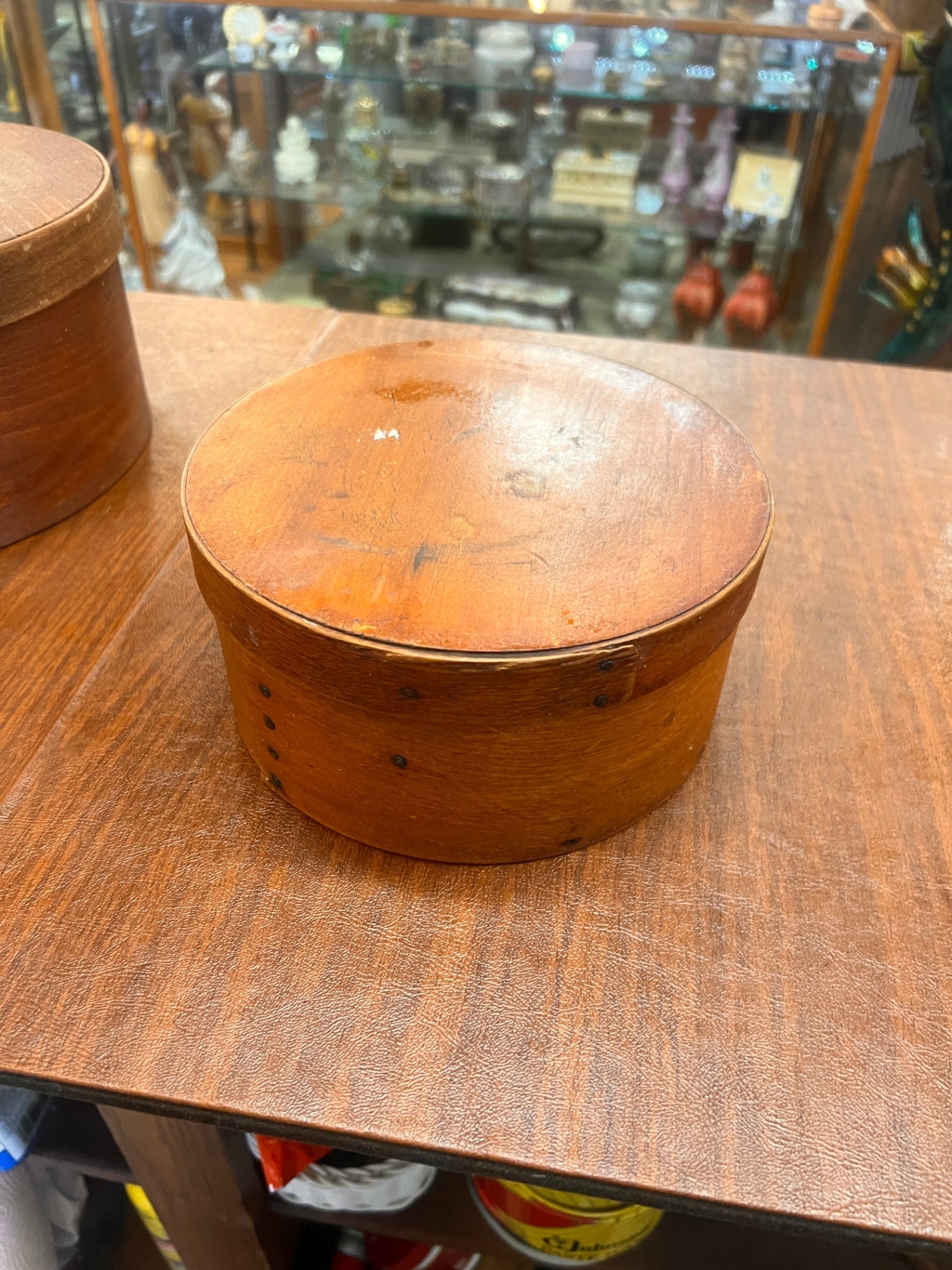 Vintage Prim Wood Pantry Box & Lid Bentwood Copper Nail Rustic Farmhouse 7.75" D