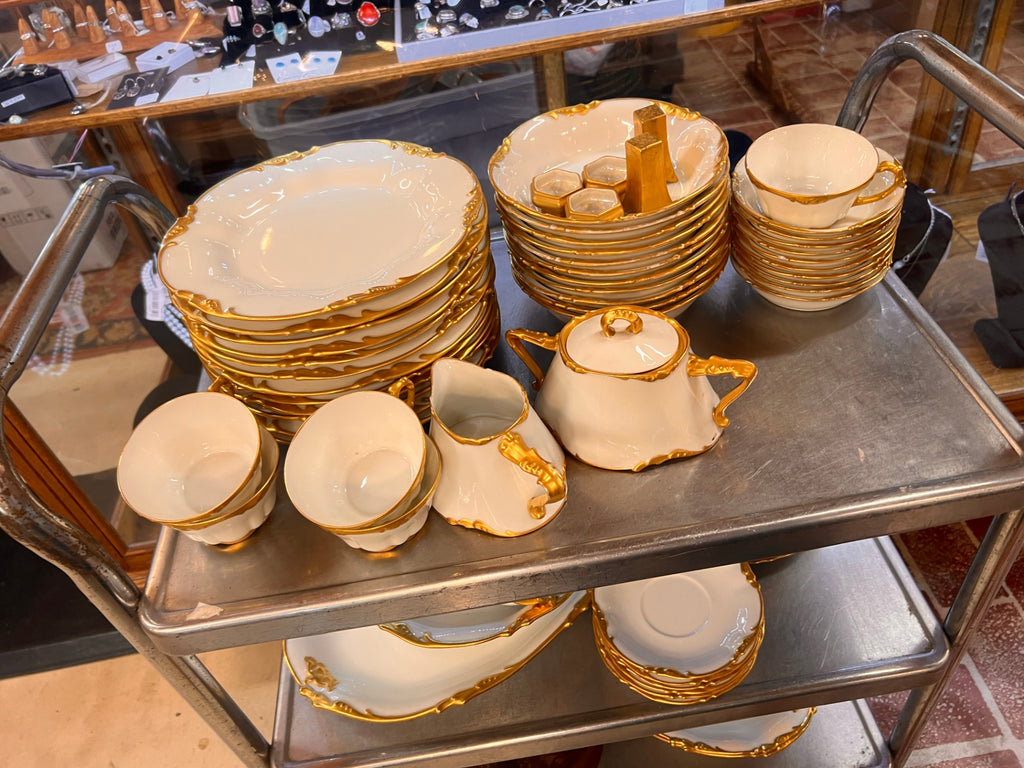 Antique J.P.L. Limoges France Porcelain Dinnerware Set – White with Heavy Gold Trim – 65+ Piece Service