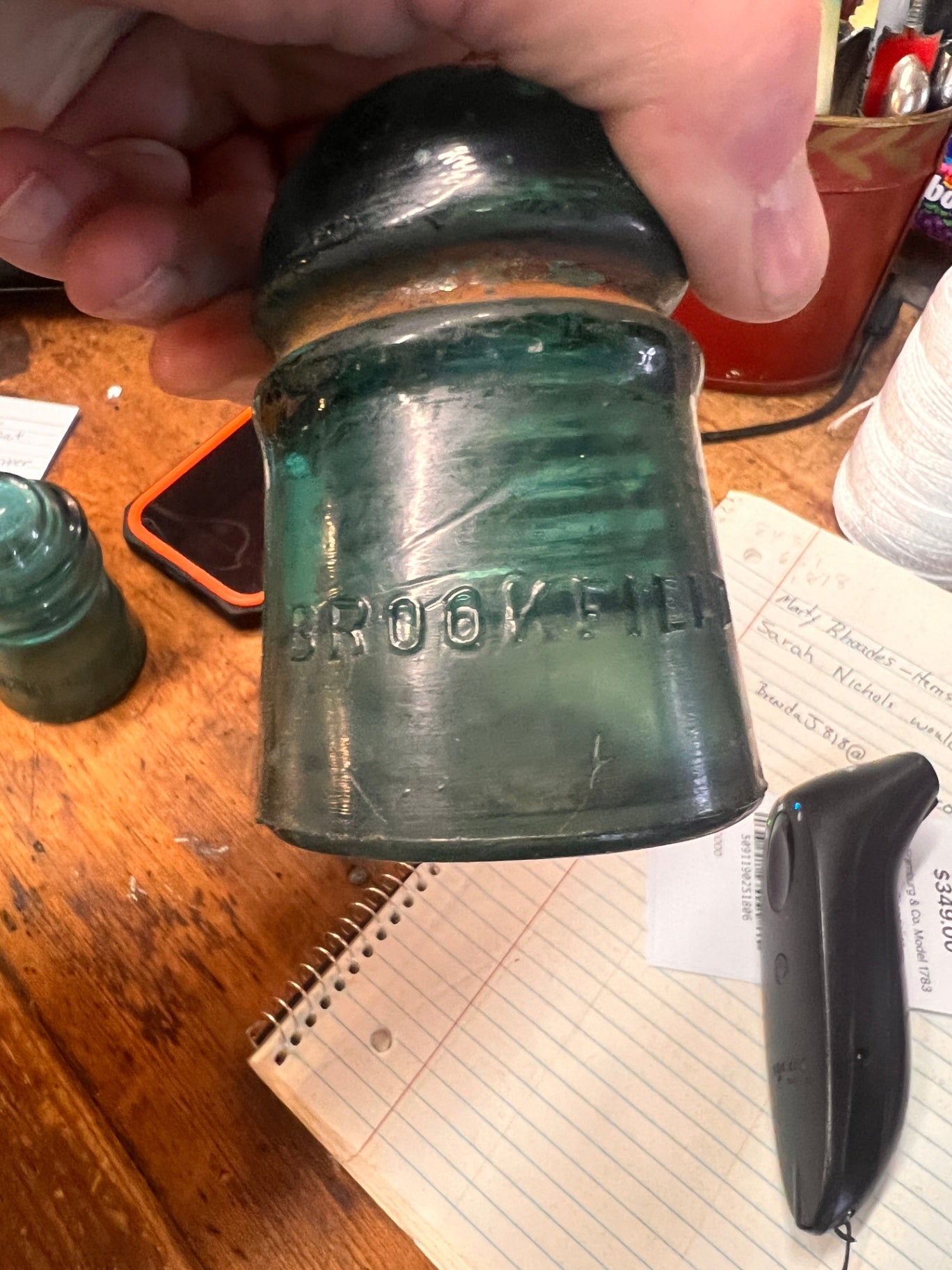 Antique BrookField, New York Green Glass Insulator 2 Vintage Collectable
