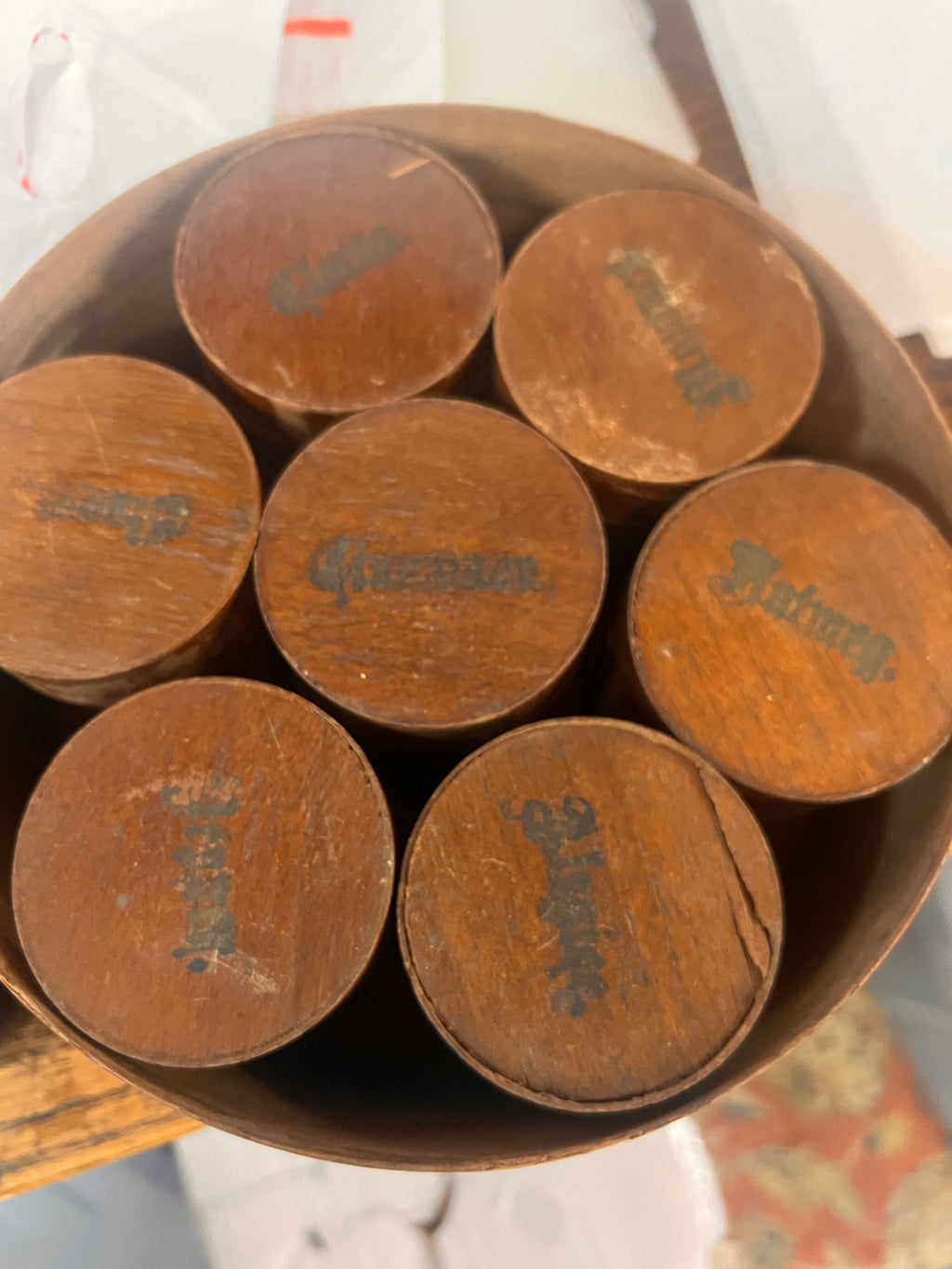 Shaker Round Wooden Spice Box set with Seven Spice containers; shaker, spice box