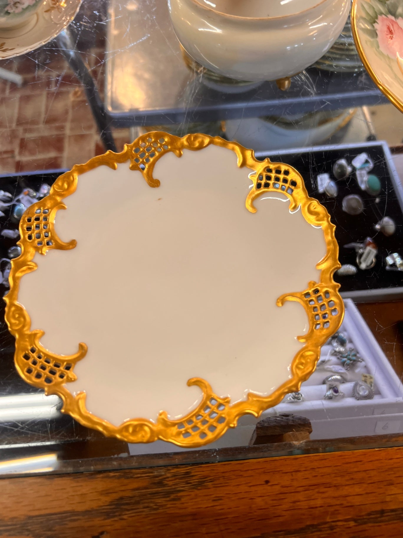 Antique Limoges France Reticulated Porcelain Plate – Hand Painted Gold Trim – Pierced Cabinet Plate