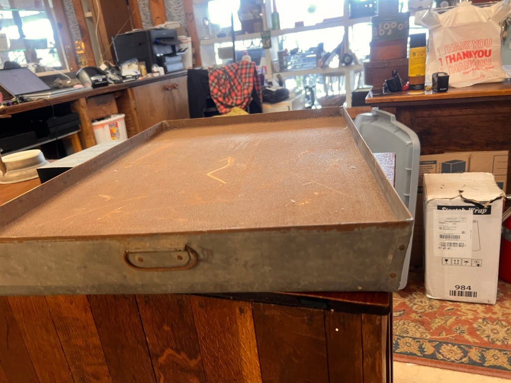 Vintage Industrial Steel Drip Pan Tray With Handles – Large 26” Utility Oil Catch Tray Garage Shop Decor