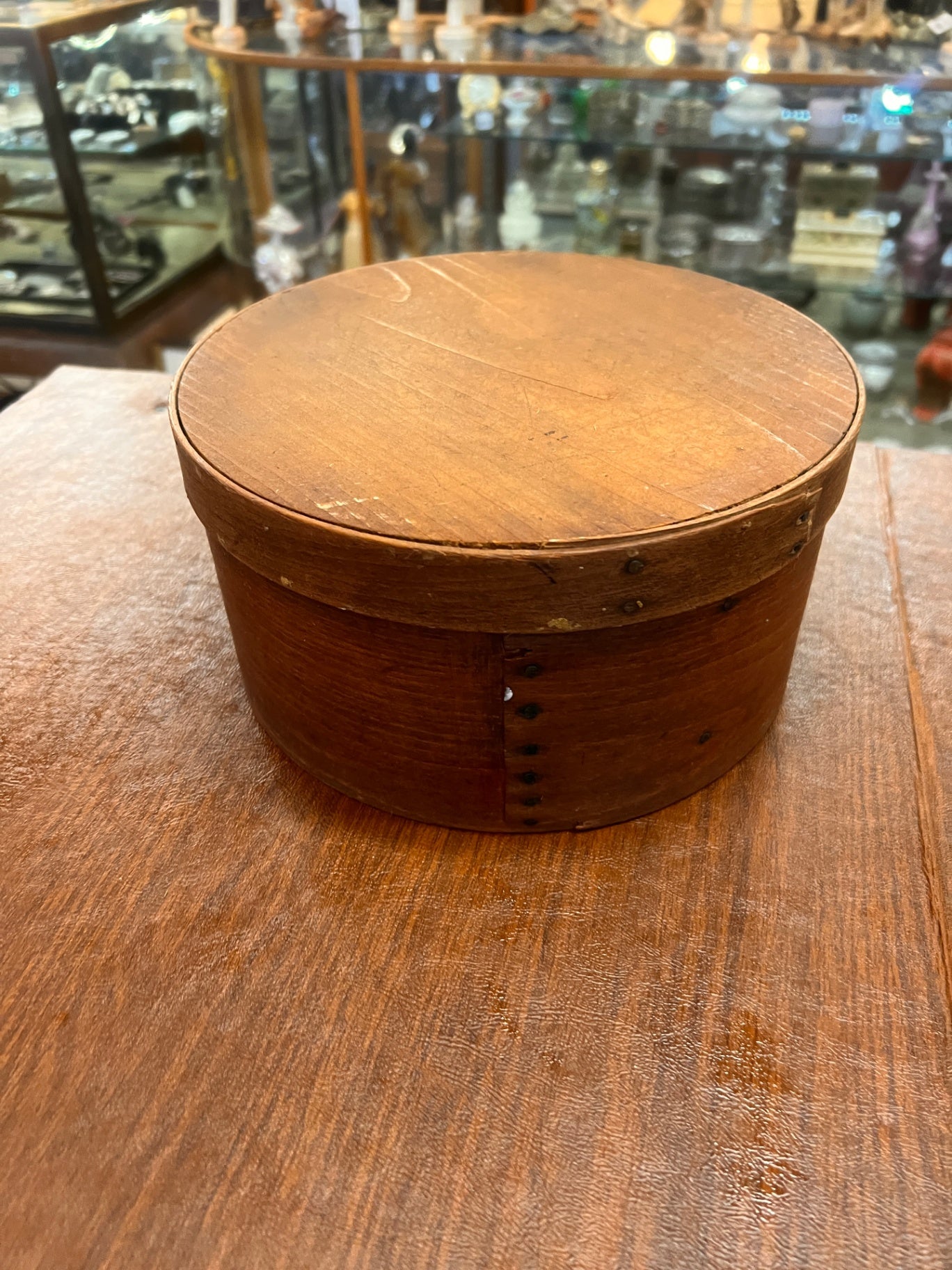 Vintage Prim Wood Pantry Box & Lid Bentwood Copper Nail Rustic Farmhouse 9.75" D