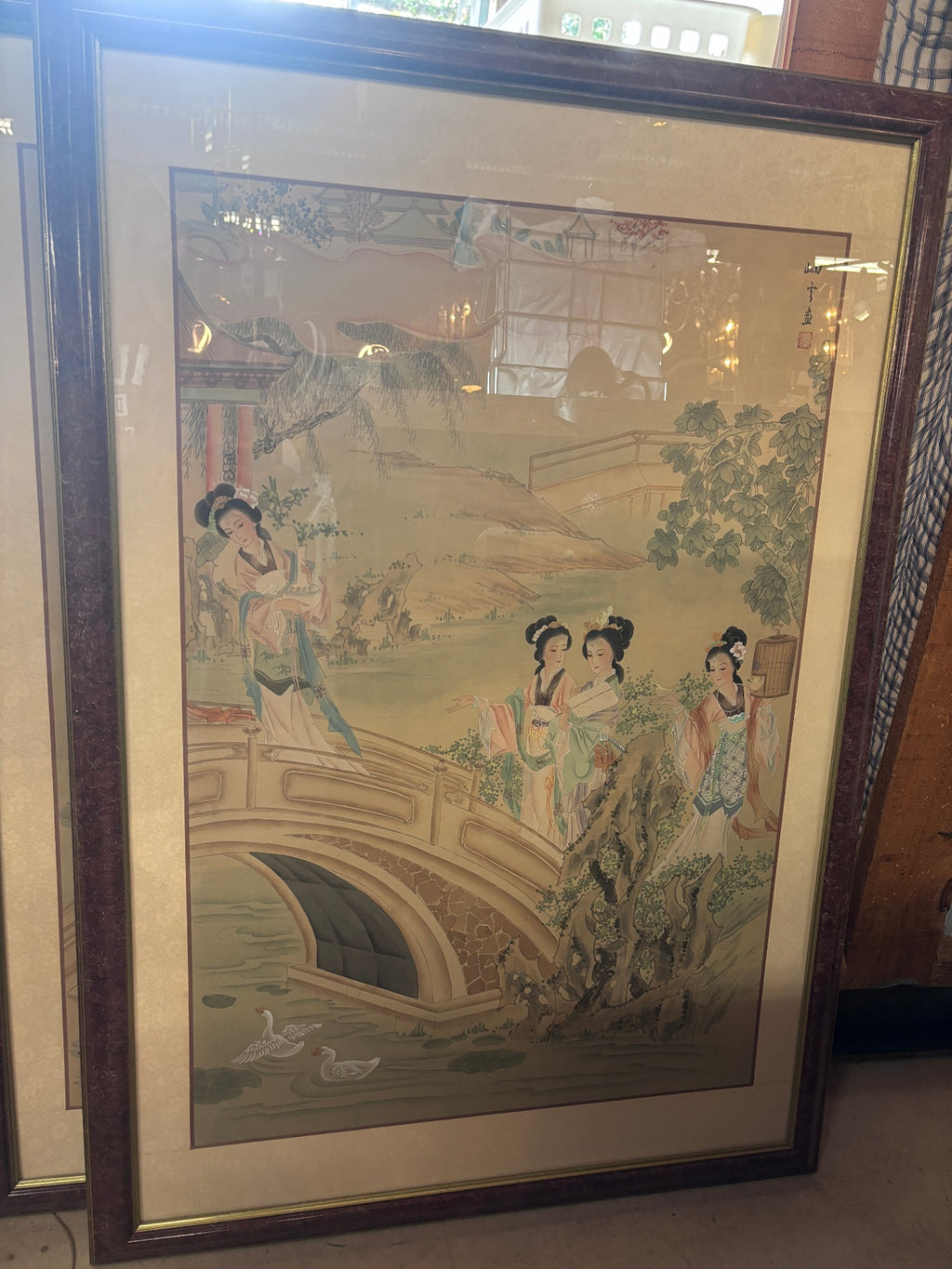 Large Framed Chinese Silk Print Court Ladies on Bridge