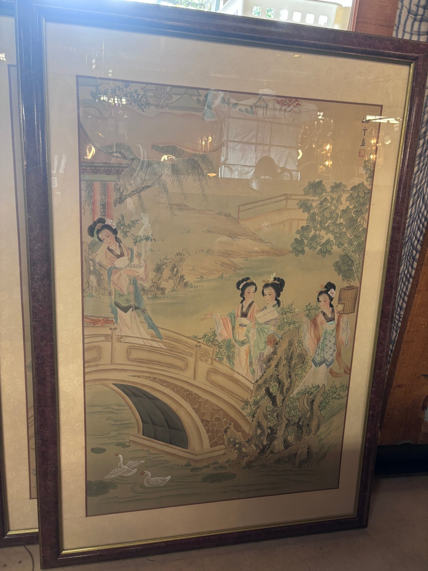 Large Framed Chinese Silk Print Court Ladies on Bridge