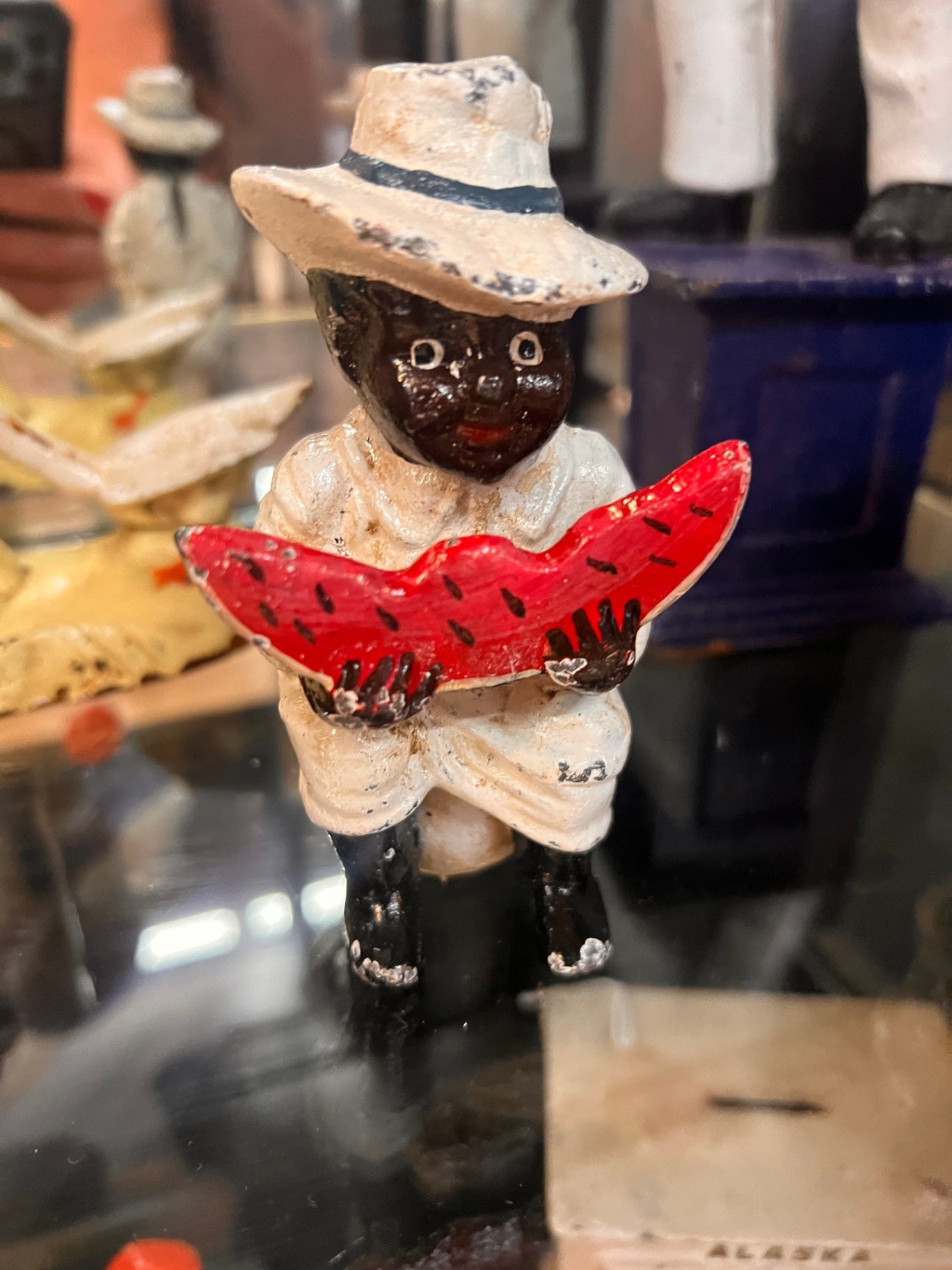 Vintage Cast Iron Piggy Bank "Man Eating Watermelon", Vintage Cast Iron Coin Bank, Americana Cast Iron Bank