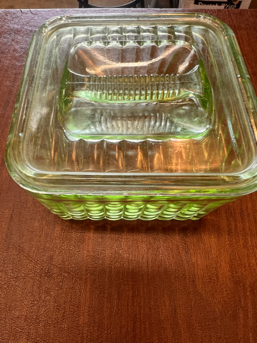 1930s Green Depression Uranium Vaseline Glass Ribbed Refrigerator Dish with Lid