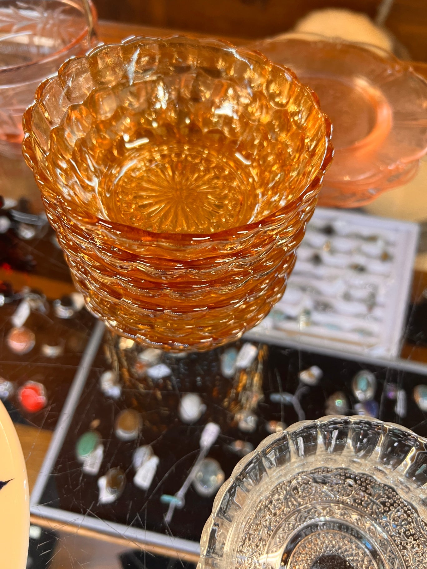 Set Of 6 Vintage Amber Carnival Glass Bowl