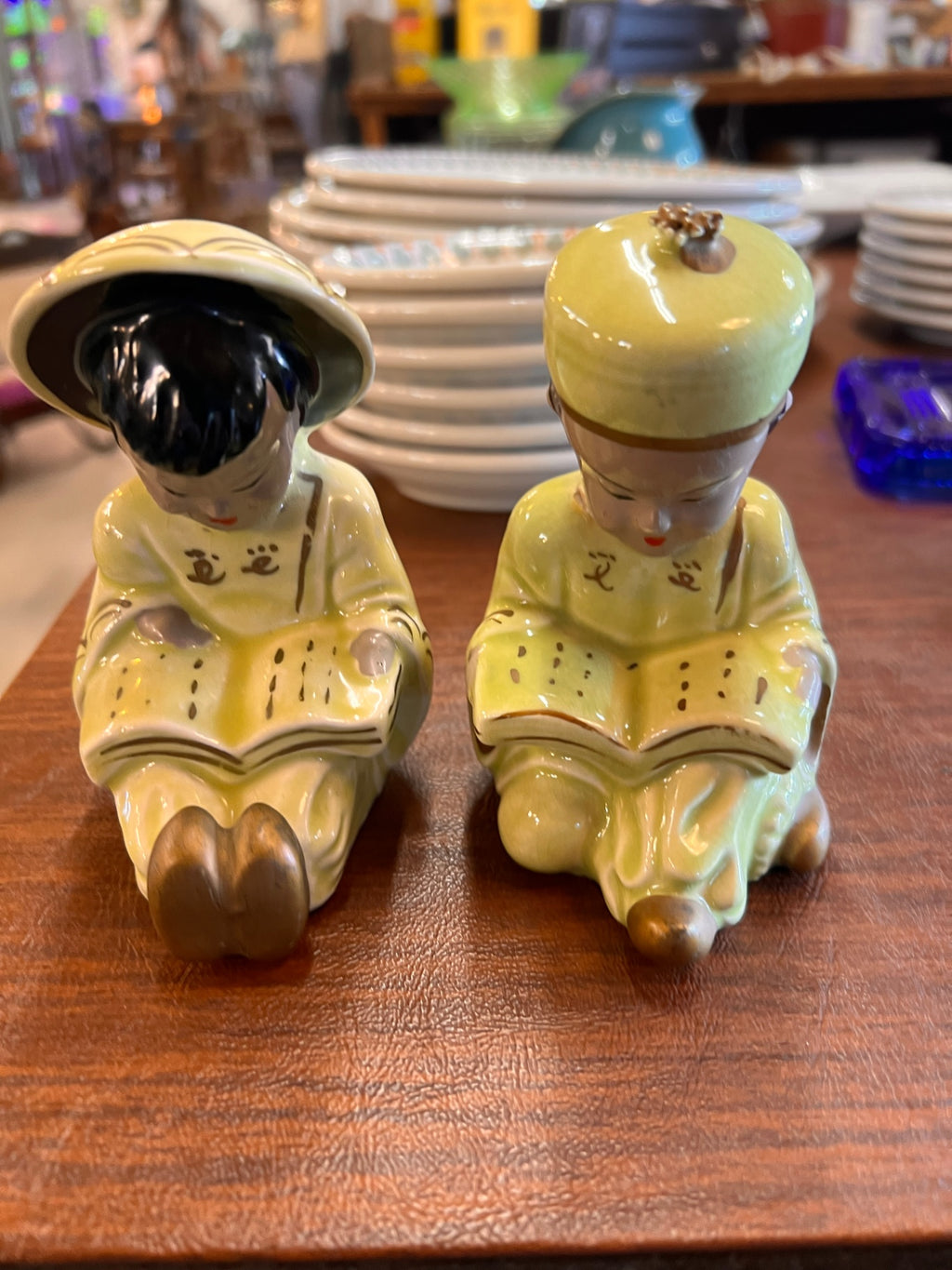 Vintage Asian Figurines Boy &Girl Lime Green