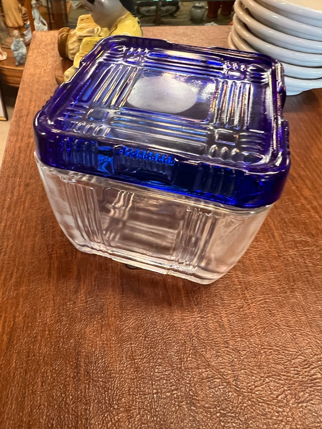 VTG Cobalt & Clear Glass Crisscross Covered Refrigerator Dish