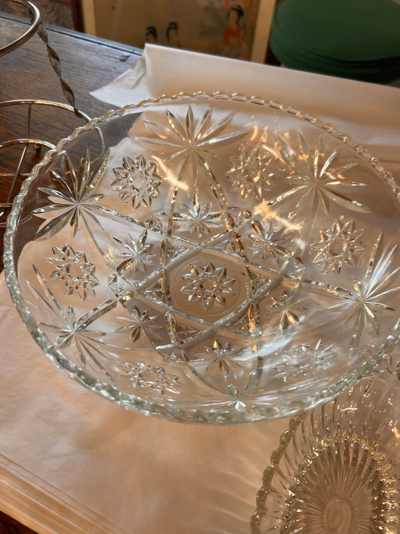 Vintage Anchor Hocking Clear Cut Glass Large Star of David Serving/Fruit Bowl