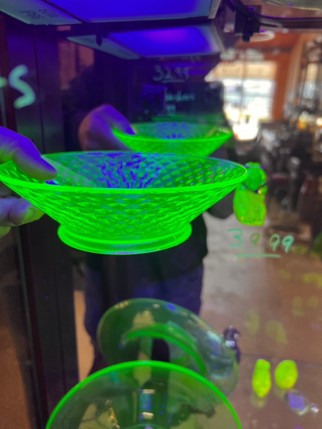 Vintage Large Diamond Quilted Uranium Glass Bowl - 1930s Decor, Depression Glass Bowl, Vintage Bowl, Unique Gift, Christmas Gift, Salad Bowl