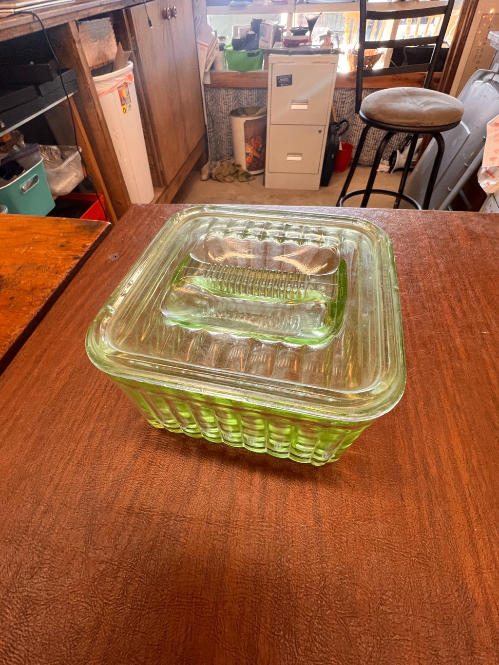 1930s Green Depression Uranium Vaseline Glass Ribbed Refrigerator Dish with Lid