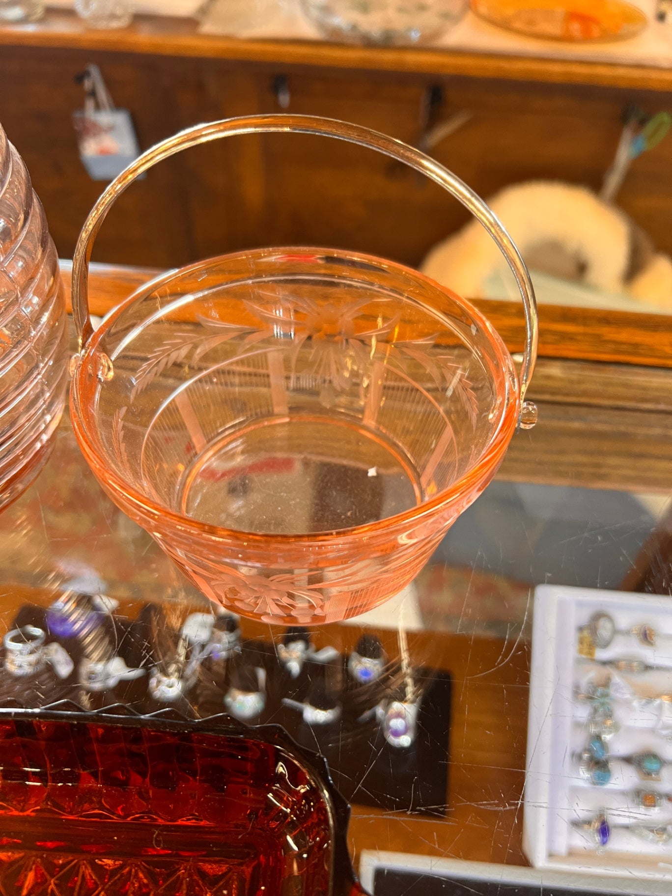 Cambridge Glass Pink Wood Barrel Ice Bucket with Handle