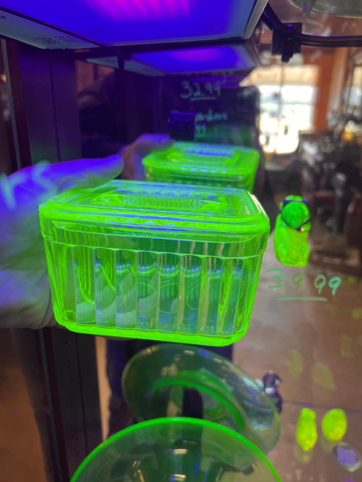 1930s Green Depression Uranium Vaseline Glass Ribbed Refrigerator Dish with Lid