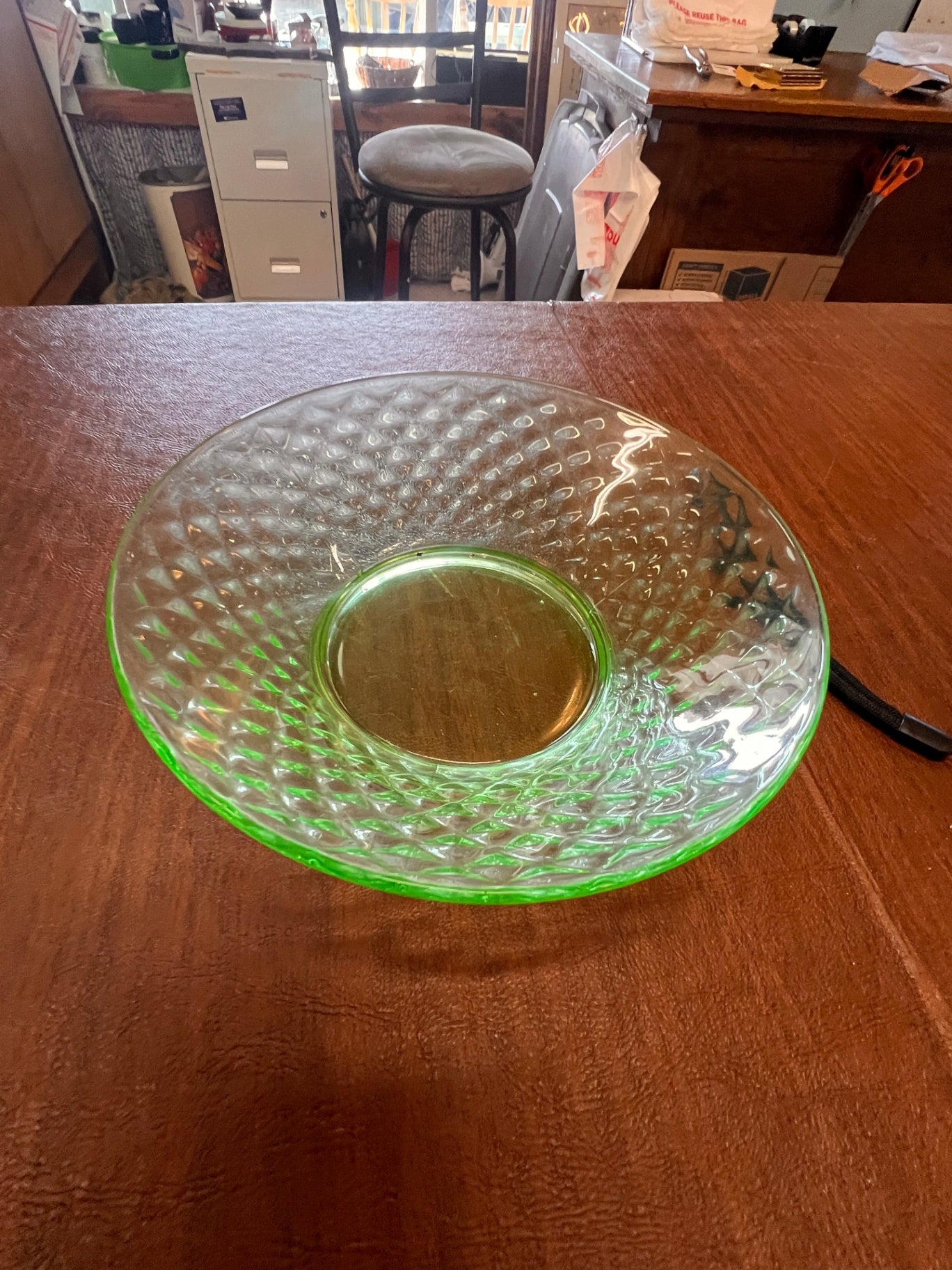 Vintage Large Diamond Quilted Uranium Glass Bowl - 1930s Decor, Depression Glass Bowl, Vintage Bowl, Unique Gift, Christmas Gift, Salad Bowl