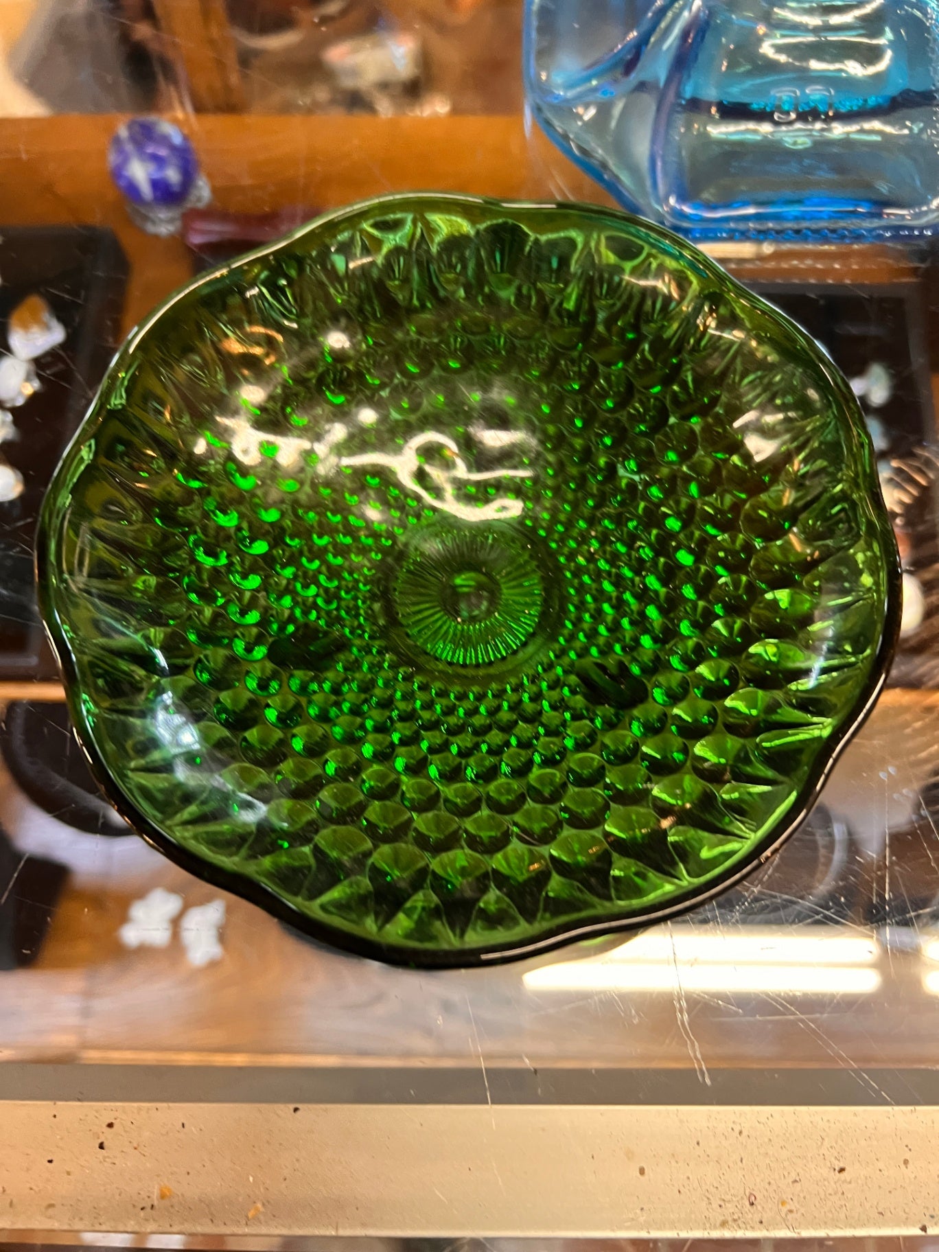 n Or Anchor Fenton Or Anchor Hocking Hobnail Green Art Glass Footed Candy Dish Bowl Vintage