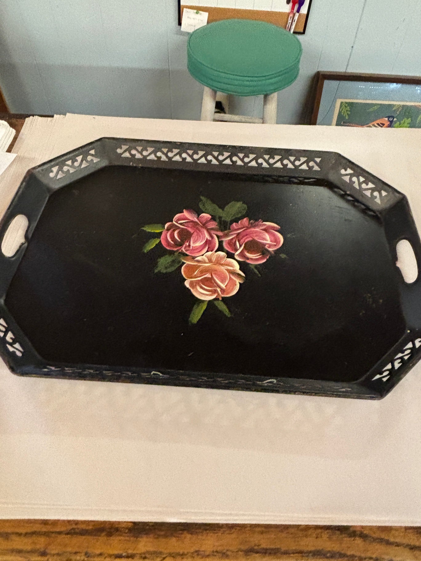 Vntg Black Metal Cottage Tole Hand Painted Cabbage Rose Floral Tray 18” X 13”