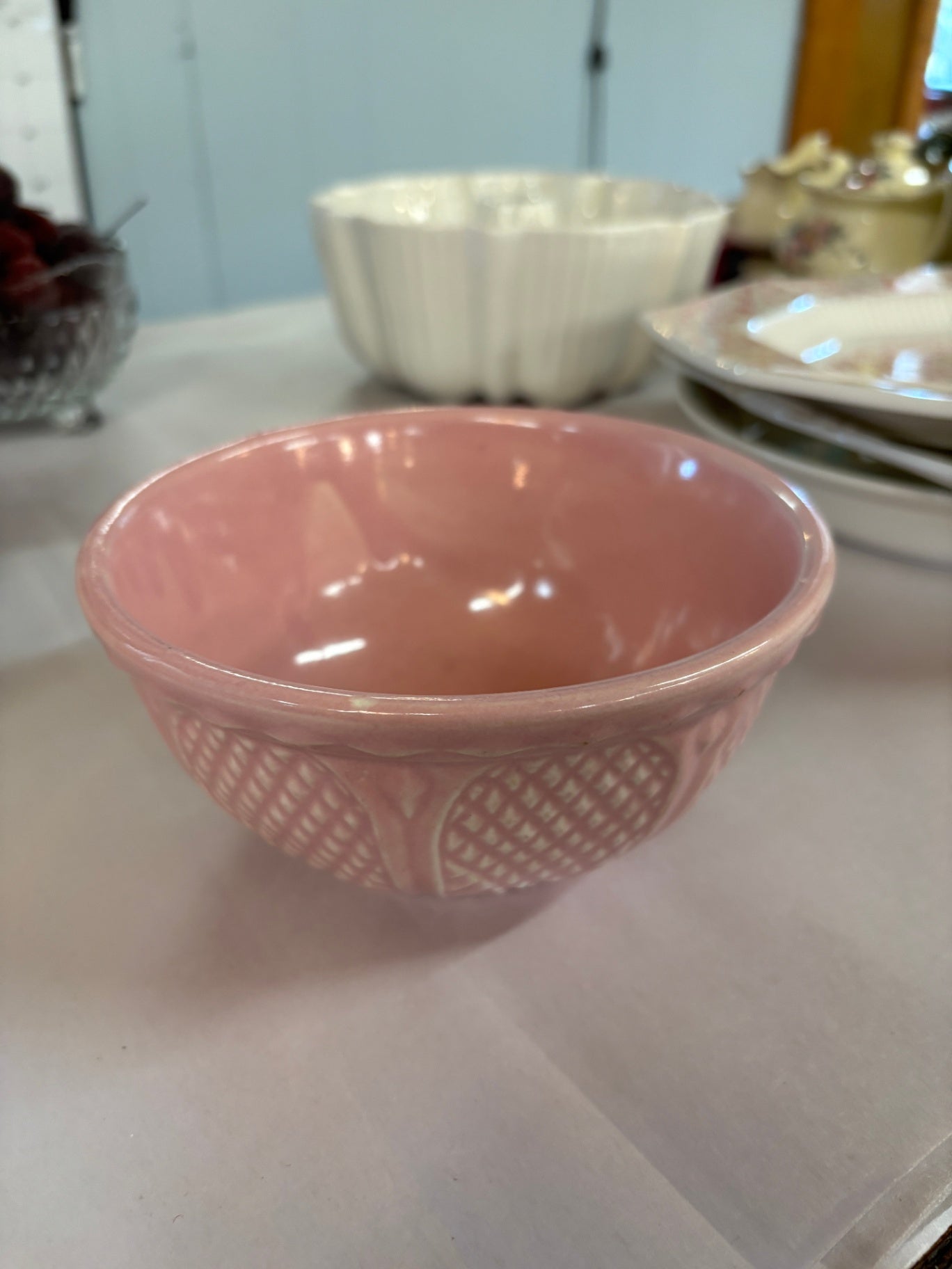  Vintage pink stoneware mixing bowl