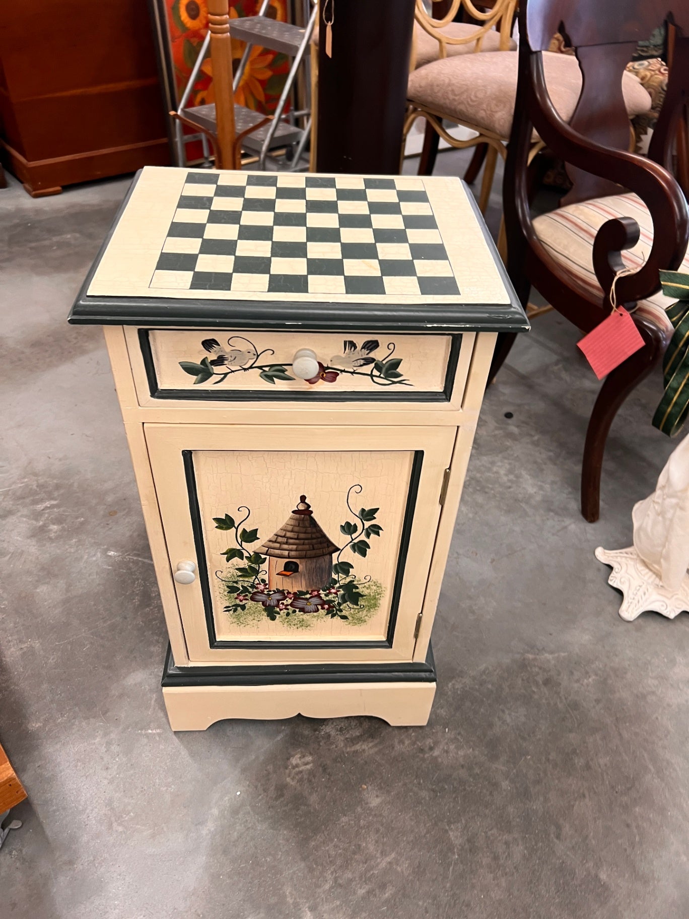 Wooden Checkered Top Country Style Side Table