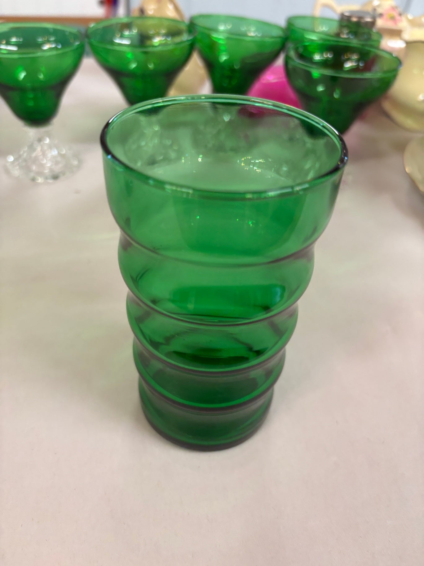 Anchor Hocking Glass Whirly Twirly Forest Green 5 inch Tall