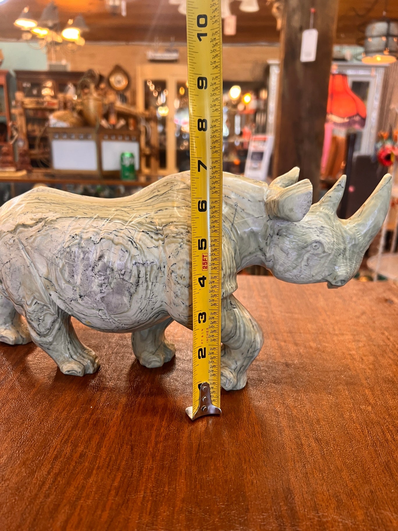 Vintage Hand Carved Stone Rhinoceros Sculpture – Banded Serpentine Marble Rhino Figurine 12” Natural Stone Decor