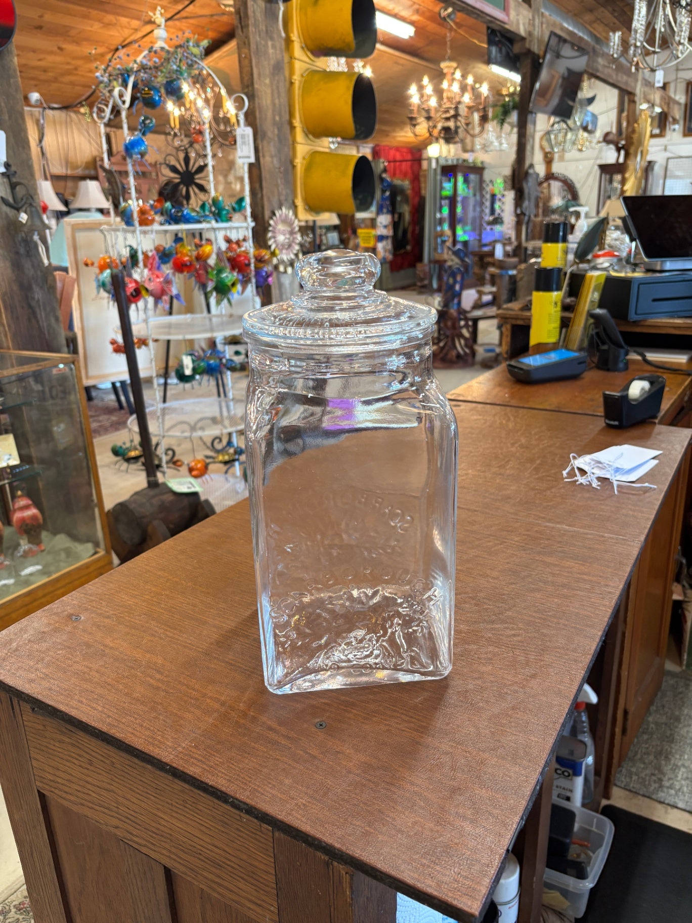 Square Apothecary Jar Canister w/ plastic stopper seal Fleur des lis Clear Glass