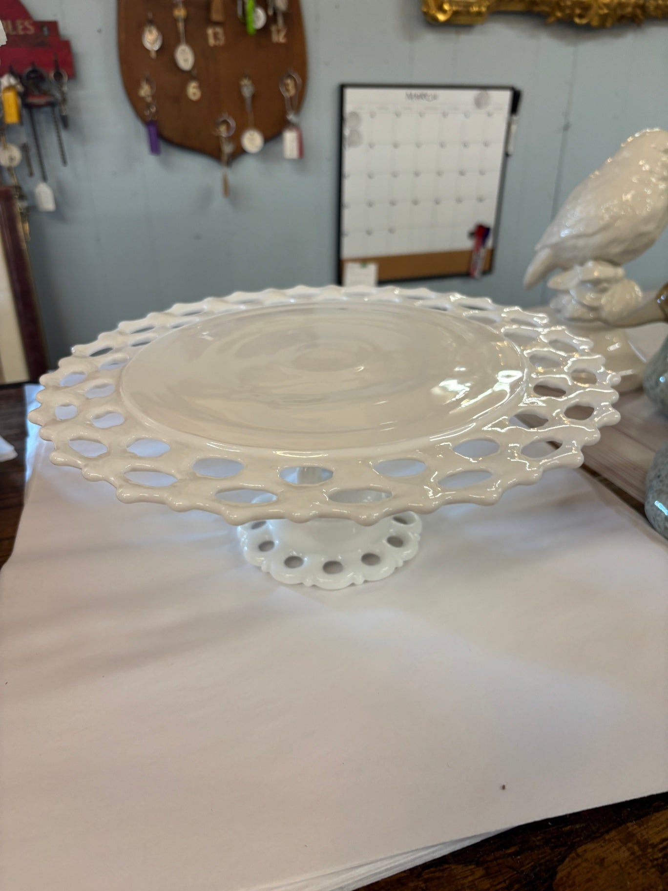 Vintage Milk Glass Cake Stand Doric Lace Edge