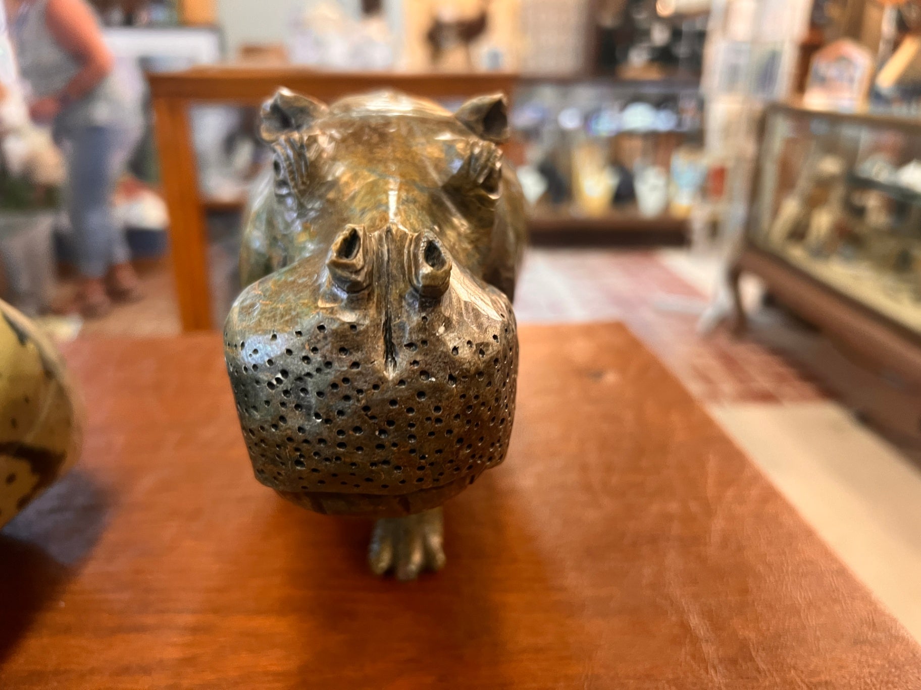 Vintage Hand Carved Stone Hippopotamus Sculpture – Polished Serpentine Marble Hippo Figurine 13” Natural Stone Decor